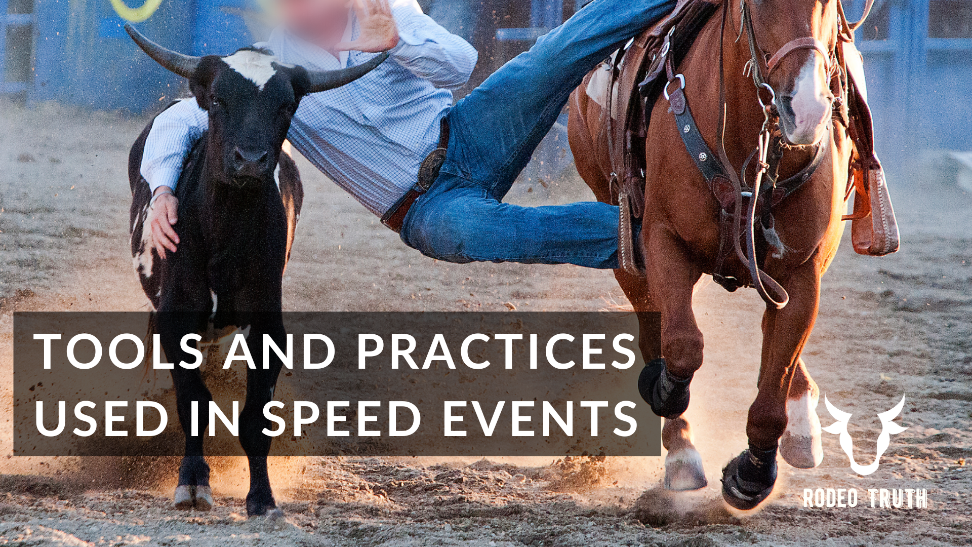 A rider jumps on the back of a startled steer during a steer wrestling rodeo event; a text overlay reads "Tools and practices used in speed events"